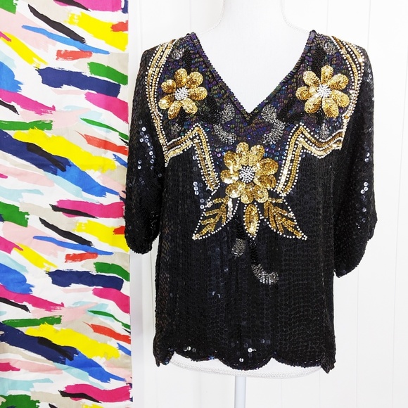 Vintage Tops - Vintage 80's Floral Hologram Sequin Beaded Top